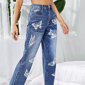 High Waisted Butterfly Straight Leg Jeans